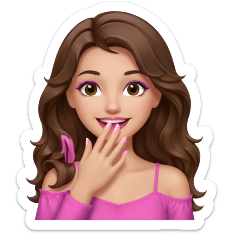 girl with long wavy brown hair, brown eyes, long lashes makeup, pink lips, light to medium complexion, pink sexy top, smiling, hand covering the mouth, giggling sticker