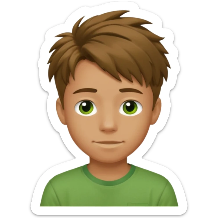A 14 yerar old teenage boy, slightly tanned, wearing a green tshirt (no pocket), blue jeans and green sneakers with brown tousled hair, smirking sticker