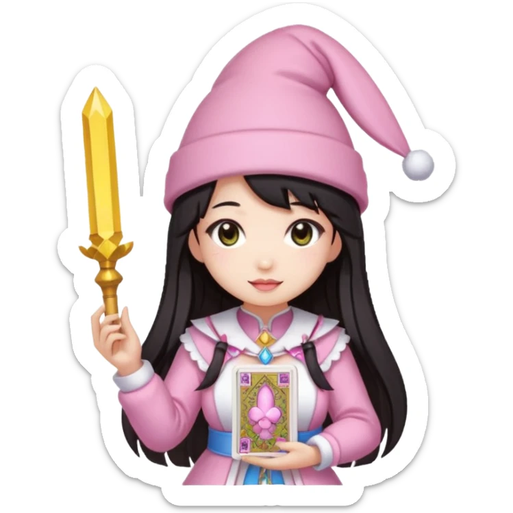 pixel art chibi asian girl with dark long hair in pink bunny hat magical girl with kawaii tarot cards thrown in air pixel emoji sticker