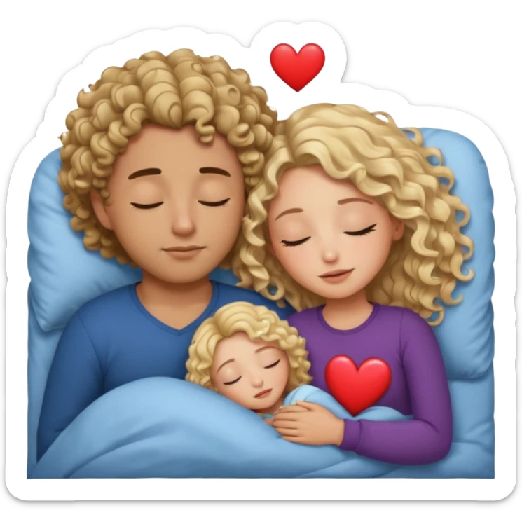 cuddling in bed, asleep. wavy haired blonde girl. man with curly,  dark brown hair. eyes closed. heart between them. no headboard sticker