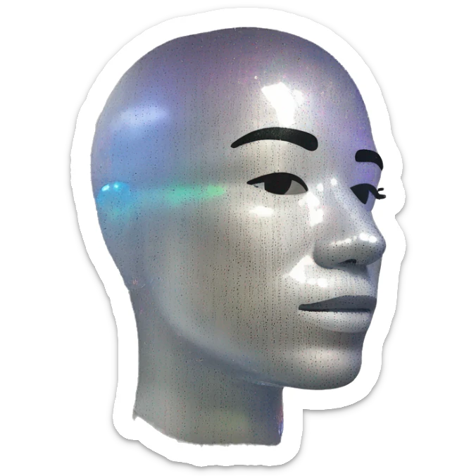 Person face portrait made entirely of holographic vinyls and music notes sticker