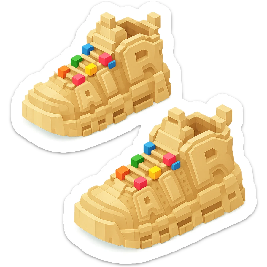 two pairs of Nike Air More Uptempo sneakers in beige with colorful beads on the laces sticker