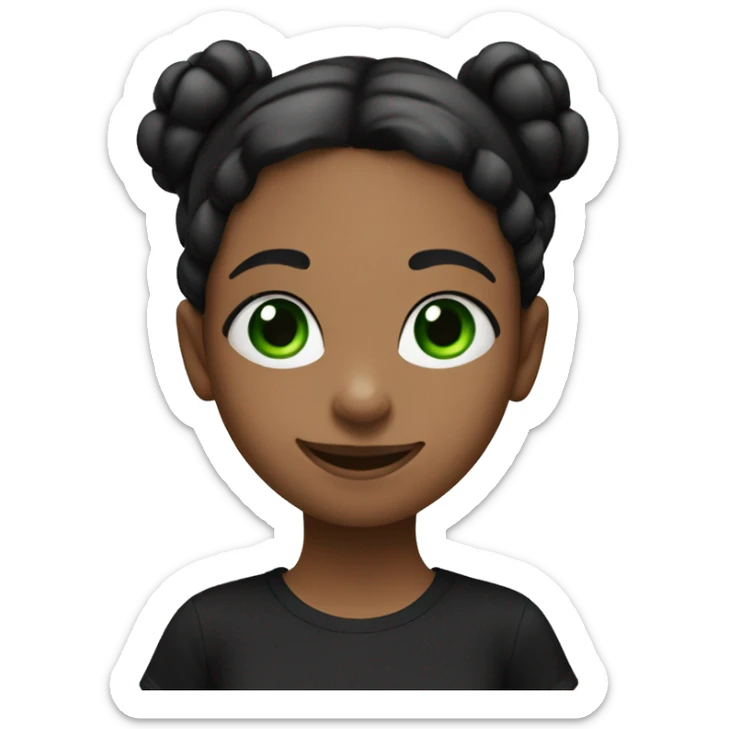 A girl with two black pigtails, in a black T-shirt, with green eyes and a cute smile sticker