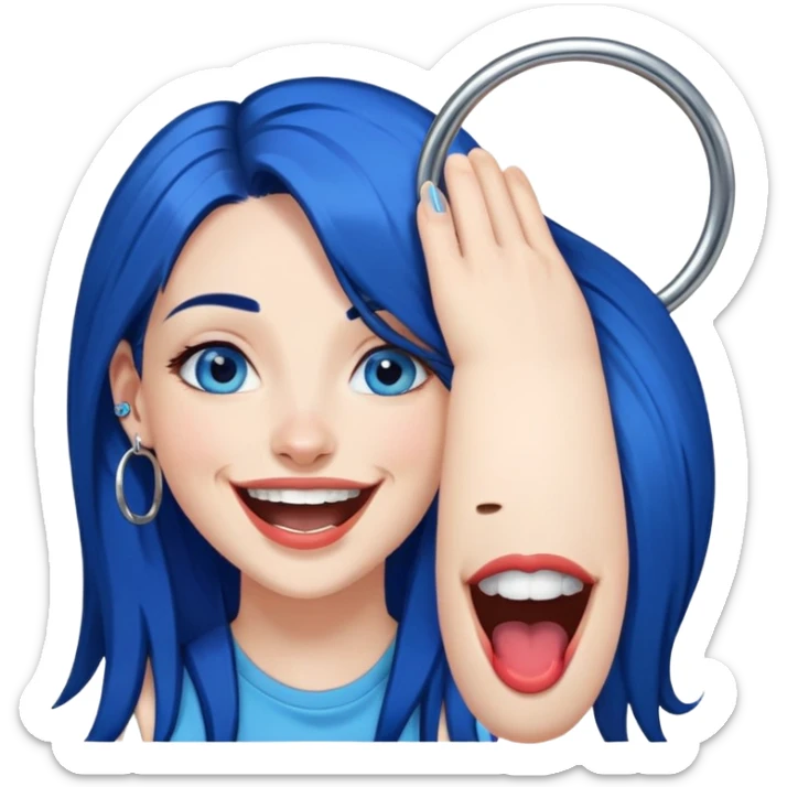 Dark Blue haired blue eyes female long straight hair past shoulders laughing, pierced lip, pierced nose, hoop earrings sticker