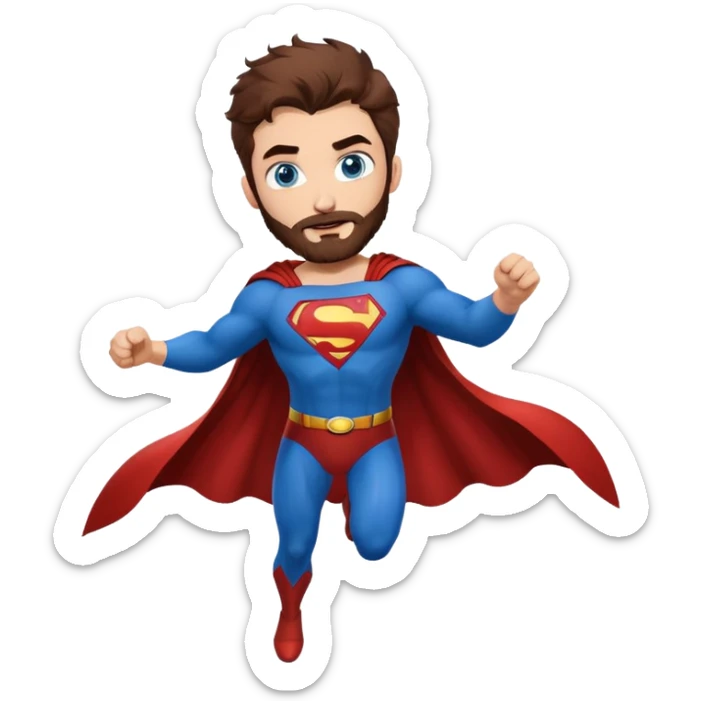 flying superman，full body, blue eyes, redish dark messy hair, trimmed facial hair sticker