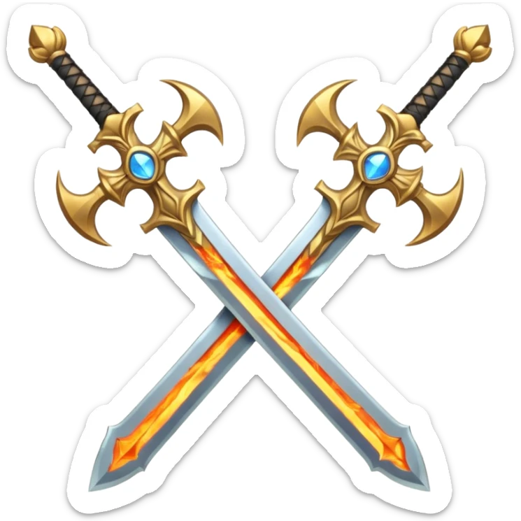Royal looking two swords in a cross that have a slightly fiery look to them sticker