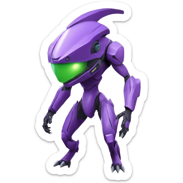 a purple-green Genesect-Raptor-Fakémon—hybrid with a futuristic visor-helmet full body sticker