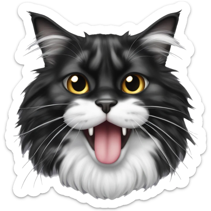 black and white maine coon cat with tongue hanging out and bulging eyes sticker