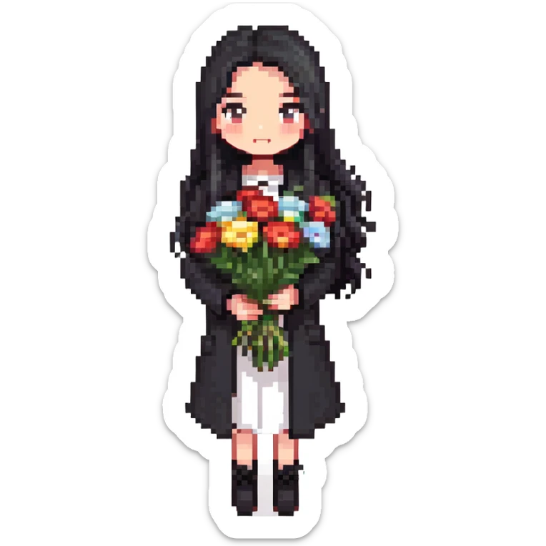 beautiful girl with long black hair wearing a black coat holding a bouquet of flowers sticker