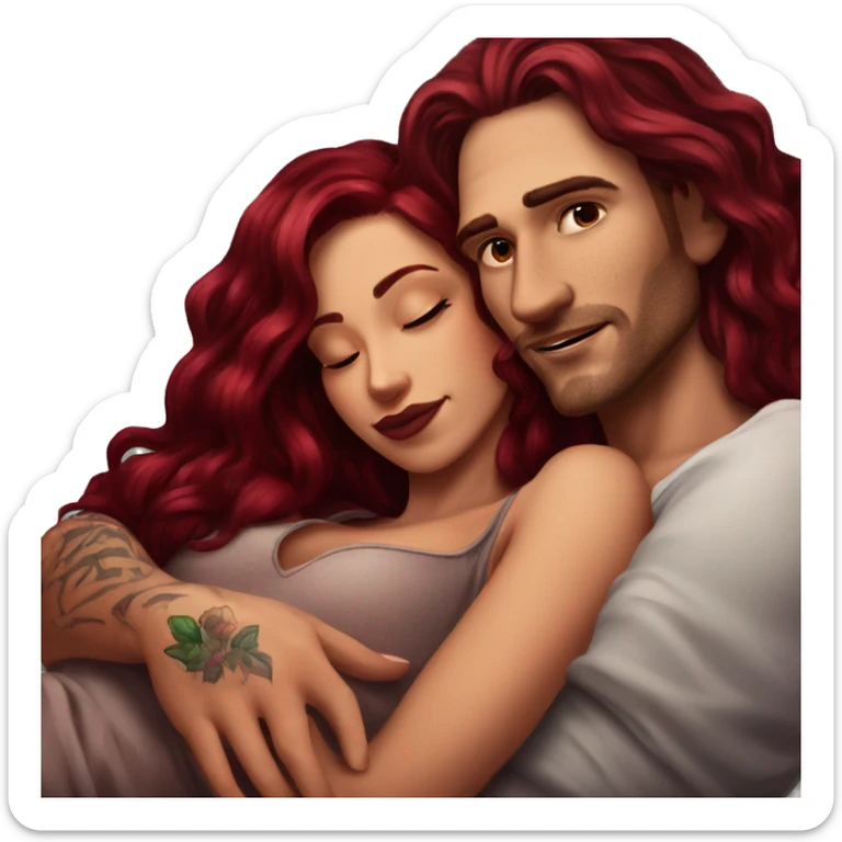 Beautiful tattooed burgundy long haired woman laying on the boyfriends chest sticker