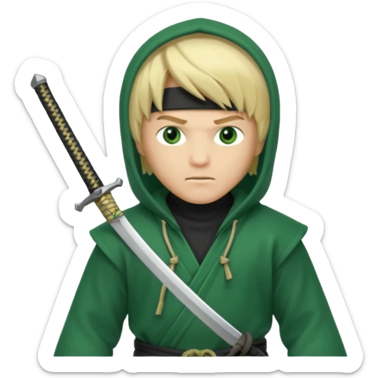 Green ninja Lloyd garmadon blonde hair, kaptur hoody on his head but blonde grzywka visible; the bottom left one is best (the one without miecze + black band + no mask of face) but add miecz; I want no band on head  sticker