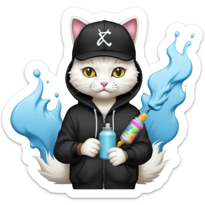 cat wearing a black snapback cap and black hoodie doing graffiti art with spray paint, street art style sticker
