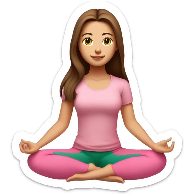A girl with brown long hair, fair skin and green eyes is meditating in a relaxed lotus position in a comfortable pink top and pink leggings sticker