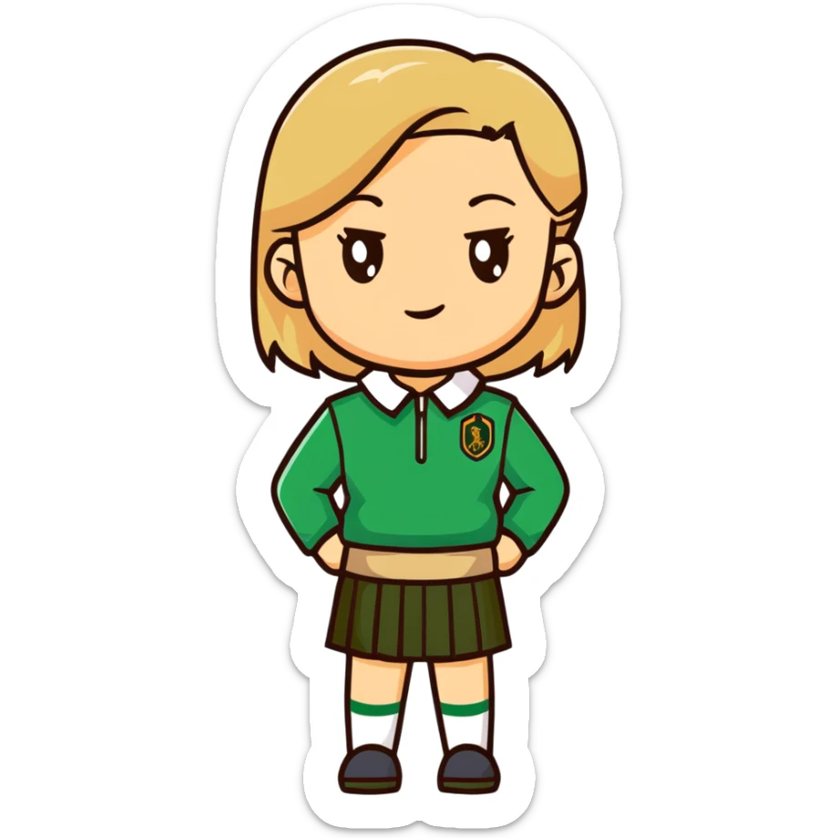 girl in a school uniform wearing a green polo, beige skirt, grey zipper jacket sticker