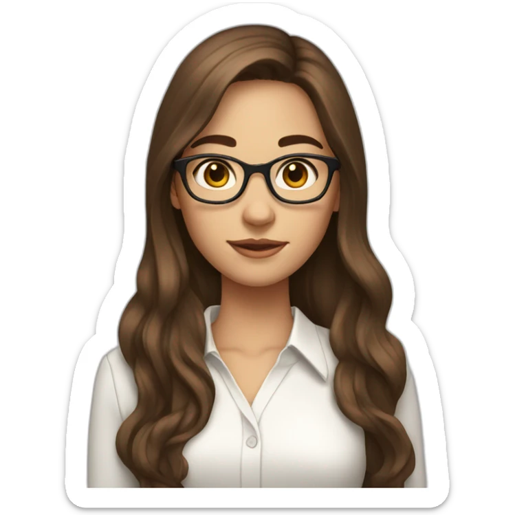 Girl with a long brown hair, brown eyes, glasses, white blouse and telephone  sticker