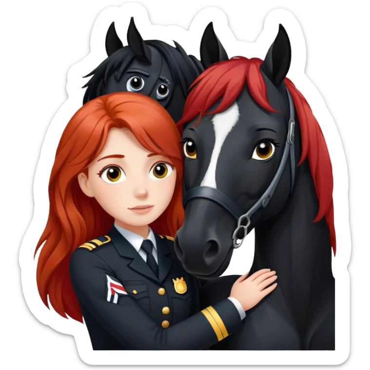A red-haired girl with long hair and in uniform hugs a black horse with a white stripe on her face and a black mane sticker
