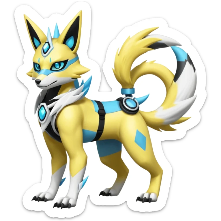Shiny cyan yellow white electric complex futuristic white-cyber-masked Zeraora-Renamon-Electrike-Umbreon-Lombax-Weregarurumon-fusion-creature (full body sticker