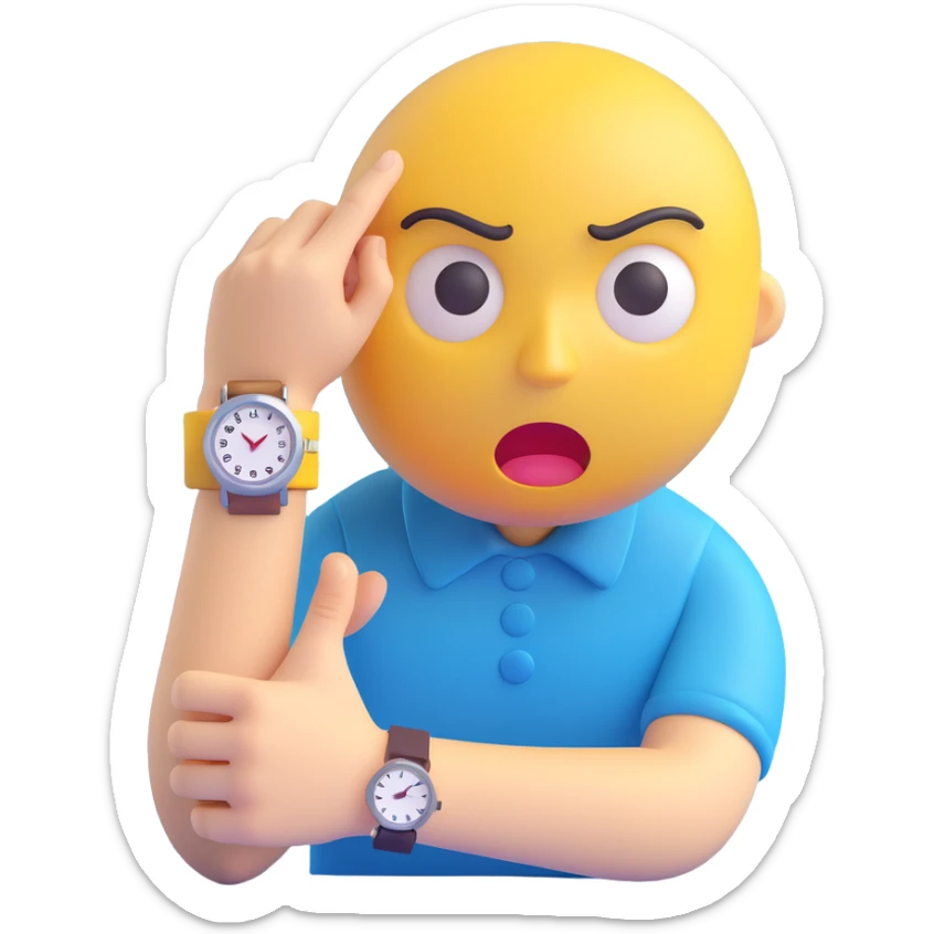 A yellow emoji face with a worried expression, looking at a wristwatch with raised eyebrows, showing urgency and stress sticker
