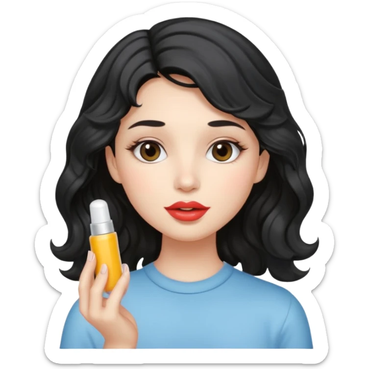 “Girl with light-black wavy hair, soft and flowing. She holds a lip balm just near her lips, about to apply it. The lip balm gives her lips a subtle glossy shine, making them look smooth, hydrated, and naturally pretty sticker