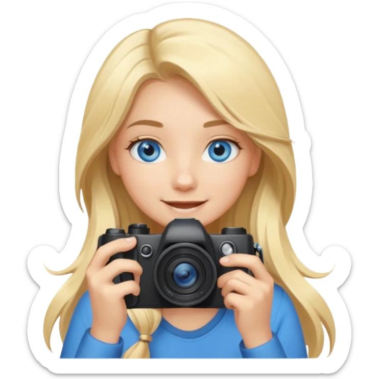  blue eyes blonde girl photographer cartoon taking picture in middle of taking picture camera in front of face long hair smiling funny flash professional, camera in front of face sticker