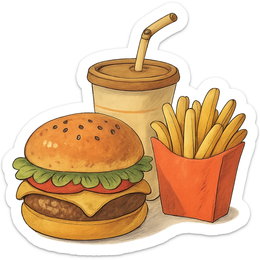ghibli style burger meal set with fries and drink sticker