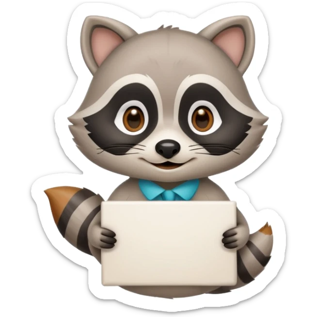 soft raccoon mascot holding a blank sign, neutral calm colors, gentle smile, rounded shapes, clean outline, safe educational style sticker
