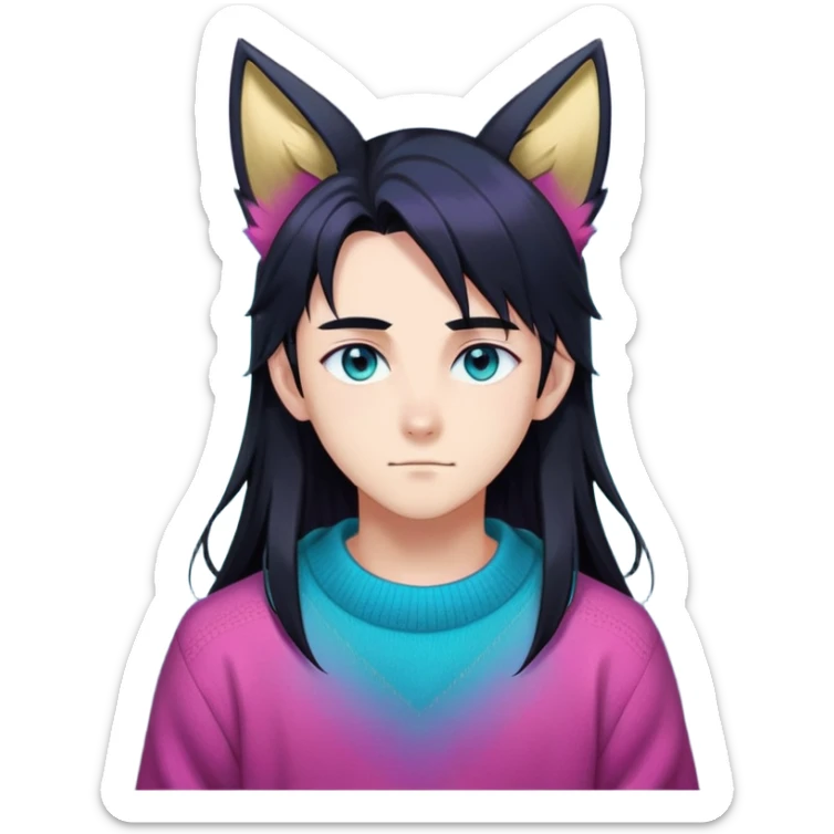 anime man with long-straight-dark-black hair, long black fox ears with pink Scapha, colorful-gradient-brown-turquoise eyes, gold earring, dark-blue-sweater, white pupils,  sticker