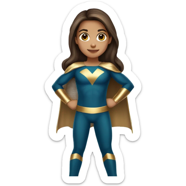 superhero, child, girl, long brown hair, brown eyes, hispanic, straight hair, earrings, gold clothes sticker