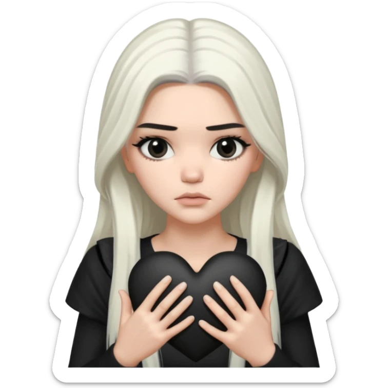 A Kendall Jenner with long white hair is sad and holds a black heart in her hands sticker