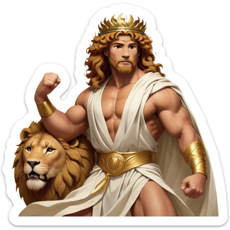 Cinematic Realistic Hercules Portrait, captured in a dramatic lion-wrestling pose that epitomizes raw, heroic strength. His light tan, athletic skin and thick, curly, golden brown hair are showcased as he grapples with a majestic lion, his refined face reminiscent of Michelangelo's David marked by noble determination. Draped in a flowing white robe with understated golden accents and crowned with a classic Greek laurel wreath, dynamic natural lighting accentuates every muscular contour and fierce, commanding expression, embodying the essence of ancient valor. sticker
