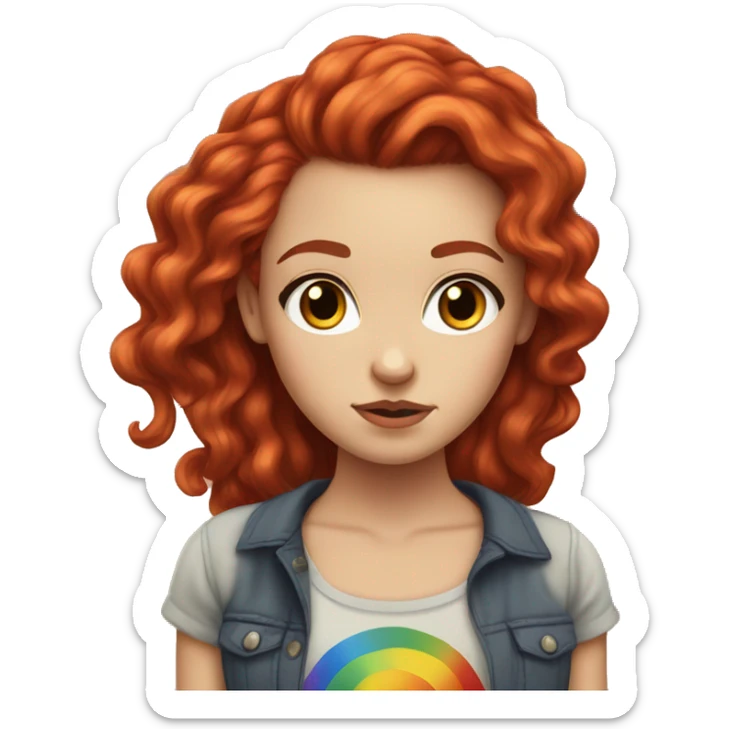 a white girl with long red curly hair in a pony tail with rainbow shirt being bad ass sticker