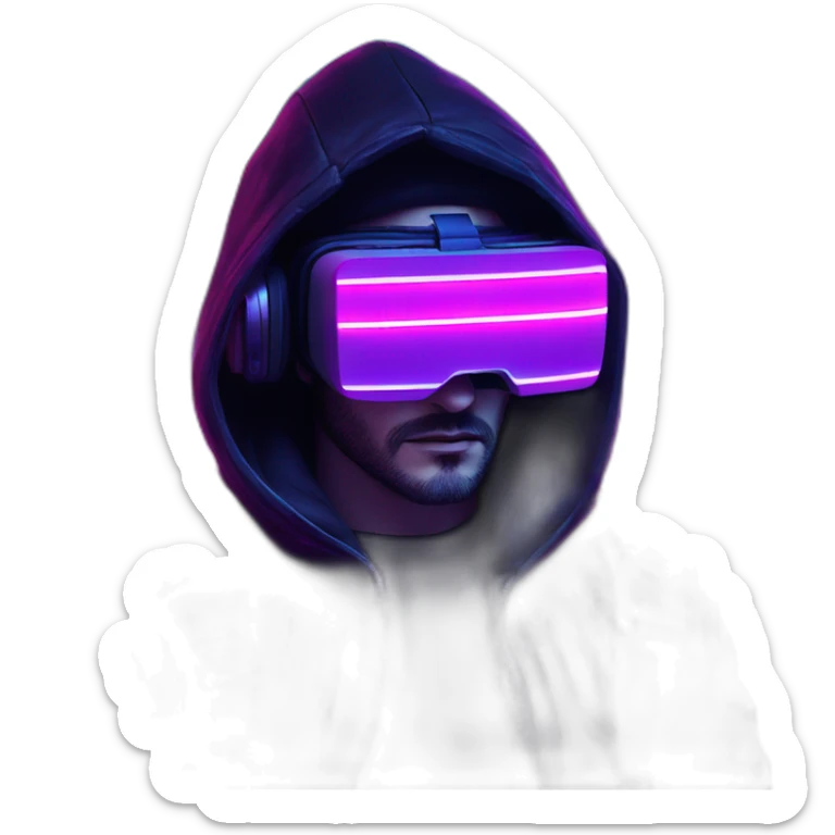 John Snow wearing a black hoodie with "OMG" letters on it and VR headset in a cyberpunk VR environment with violet neon lighting. sticker