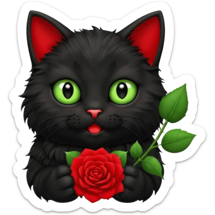 Cute emoji-style black cat holding a red rose in its mouth, big round eyes with light green sclera and black pupils, fluffy fur, clean mascot style, centered, soft beige background, 1:1 ratio. sticker