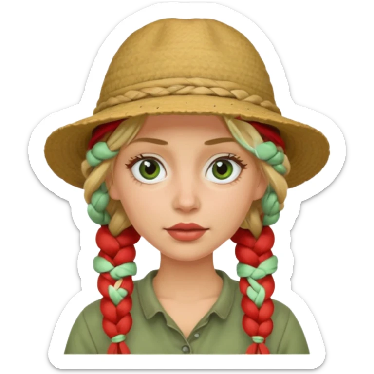 messy green clay mask and red tourist hat blond braided woman big eyes sticker