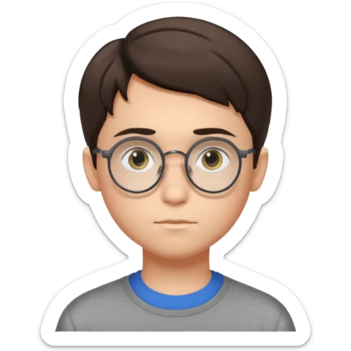 BRUNETTE teen boy with medium short middle parted hair, GREY eyes, round Glasses looking judging to the Side sticker