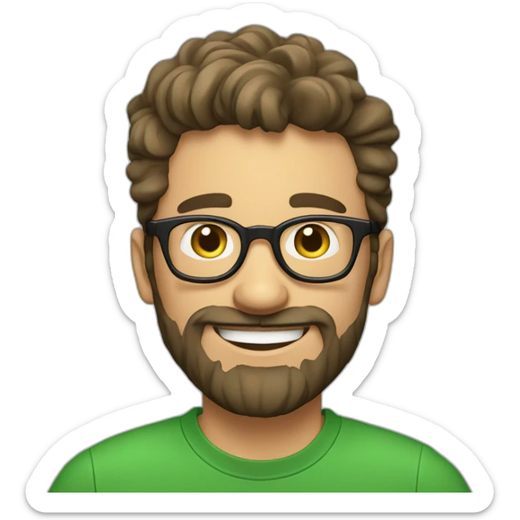 A 25 years old French man that is joyful, with a beard, he is trustworthy, smart, loving, with glasses, wearing a green t-shirt sticker