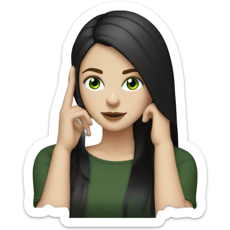 White  girl with dark straight hair green eyes, black clothes, listening to music  sticker