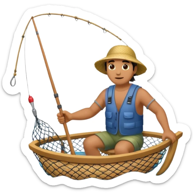 A Polynesian fisherman in the water fishing with a net. sticker