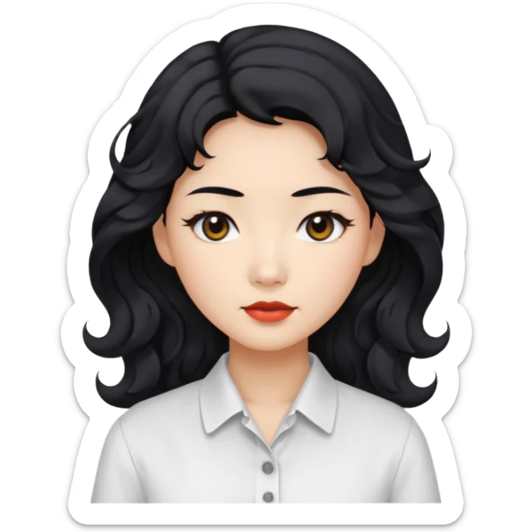Asian woman, black hair, long permed wavy hair, white button-up shirt, flat colors, transparent background, black eyes sticker