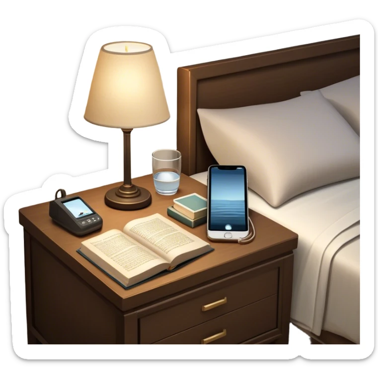 A dimly lit bedroom with a phone tucked away on a nightstand across the room. The bed is neatly made, and a glass of water sits beside a book on a cozy nightstand. Soft lighting signals a peaceful wind-down, representing the calm and control that comes from reclaiming your evenings. sticker