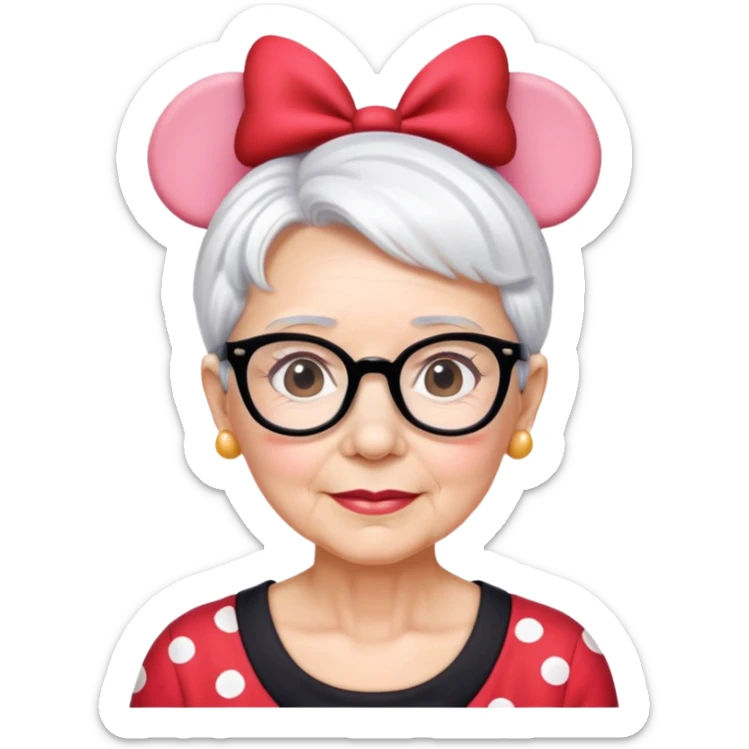 Older woman short White hair wearing glasses Minnie mouse ears sticker