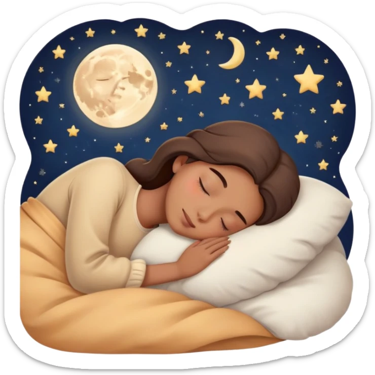 a person sleeping peacefully in bed with a moon and stars, calm and cozy sticker