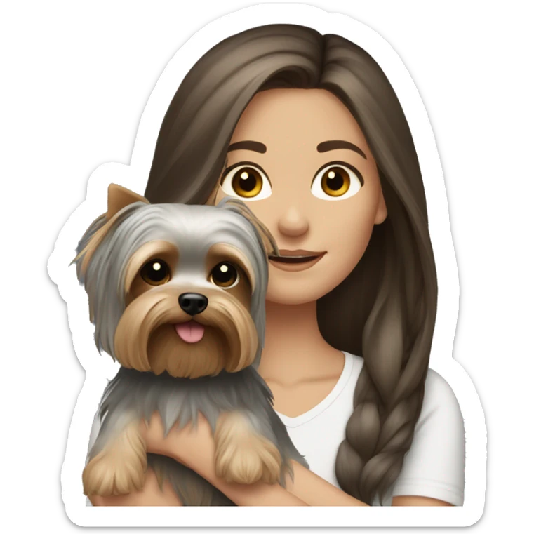 Brunette long hair white girl with grey yorkie puppy sticker