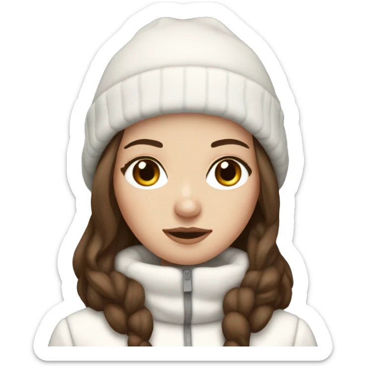white girl with brown hair and dark brown eyes wearing a white and brown winter outfit sticker