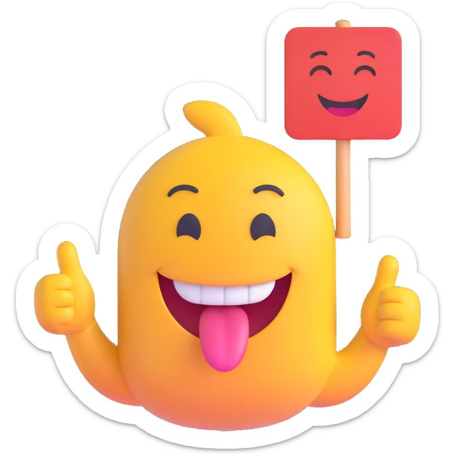 AI emoji with a smirk, sticking out tongue and winking, holding a goofy thank you sign, aiming to make friends laugh sticker