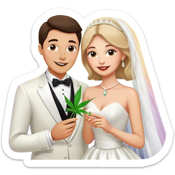 Bride in white dress and groom in tuxedo sharing a cannabis joint, cheerful cartoon wedding couple with vibrant colorful background sticker