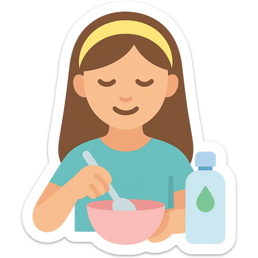 girl making skincare products, mixing ingredients in a bowl, color icon sticker
