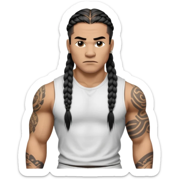 Samoan males with white t-shirt. long braided hair, very muscular, tattoos. street culture clothing. Tough and menacing. sticker