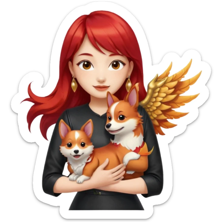 Asian girl with long hair and wispy bangs, black leather dress, gold earrings, subtle false lashes, 3/4 sleeve tattoo with phoenix and dragon on left arm, hugging joyful red head tri-color corgi sticker