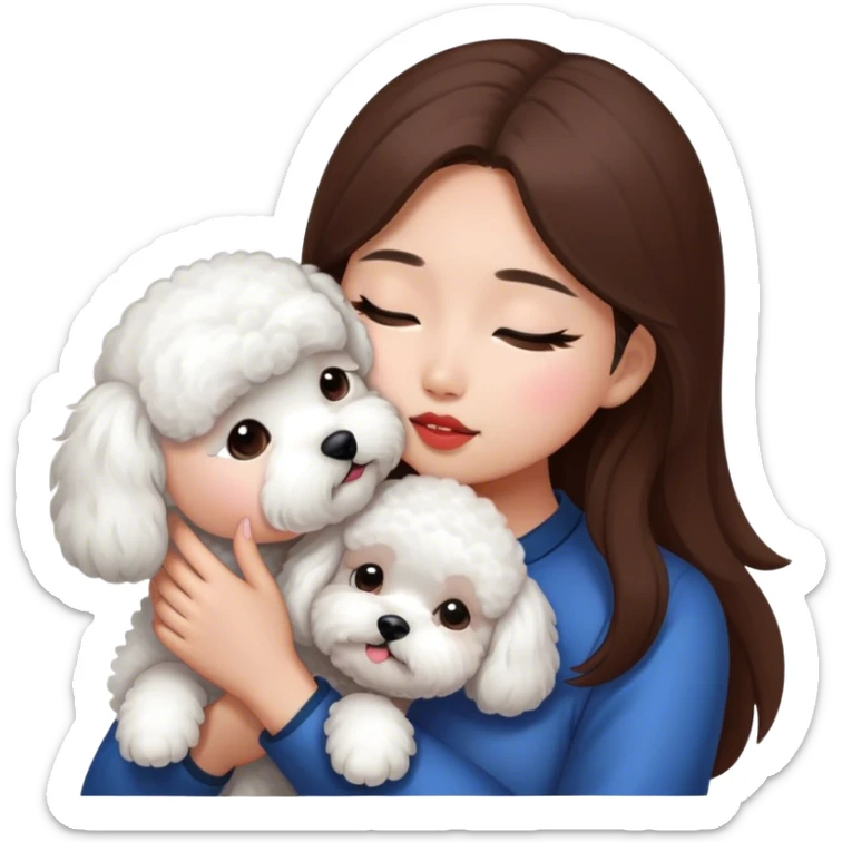 Asian girl with long brown hair kissing a white bichon sticker